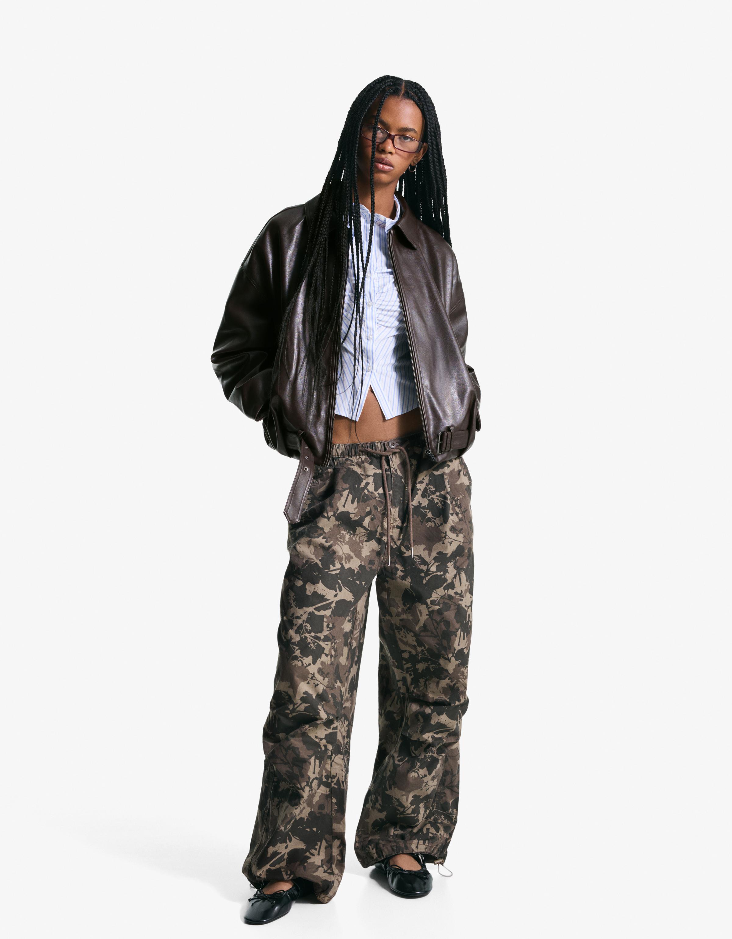 Leather effect bomber jacket with belt — Brown