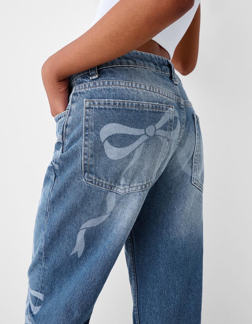 Fiyonklu baskılı baggy jean-Mavi-5