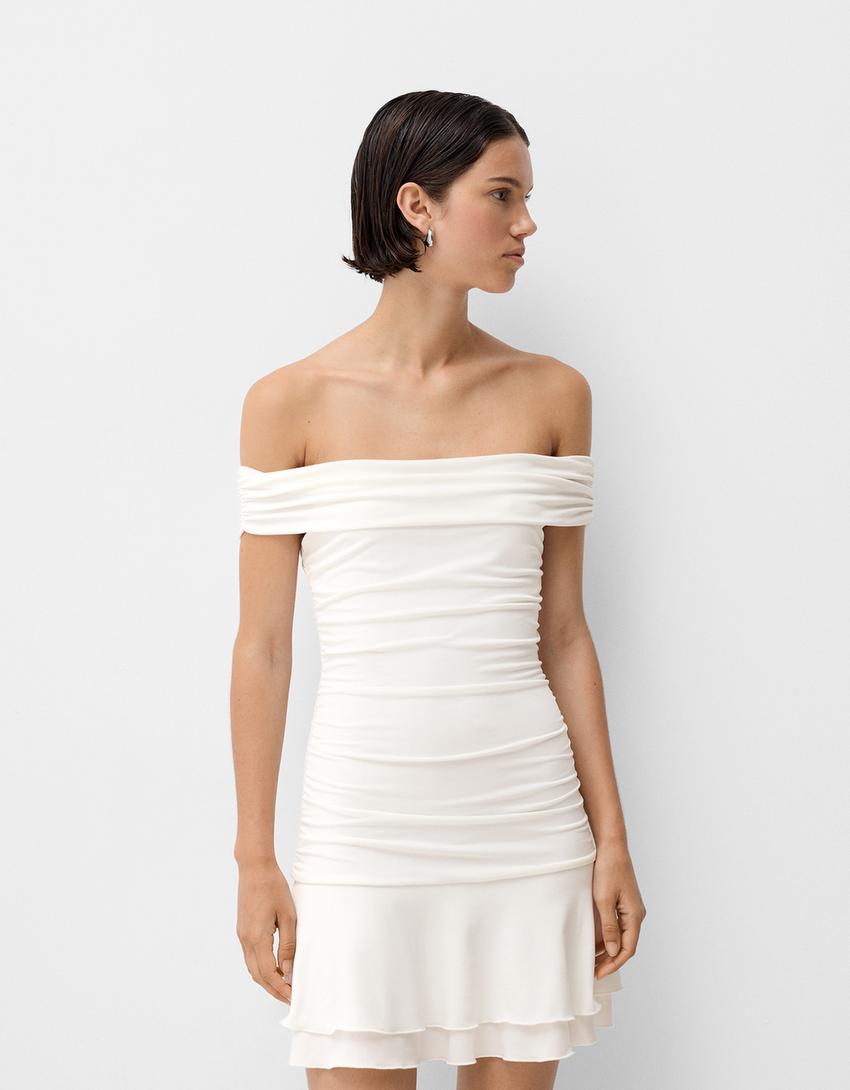 Vestido mini bardot com folhos-Gelo-1