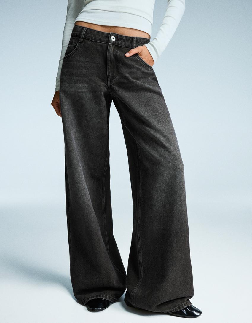 Wide-leg low-waist jeans-Black-1