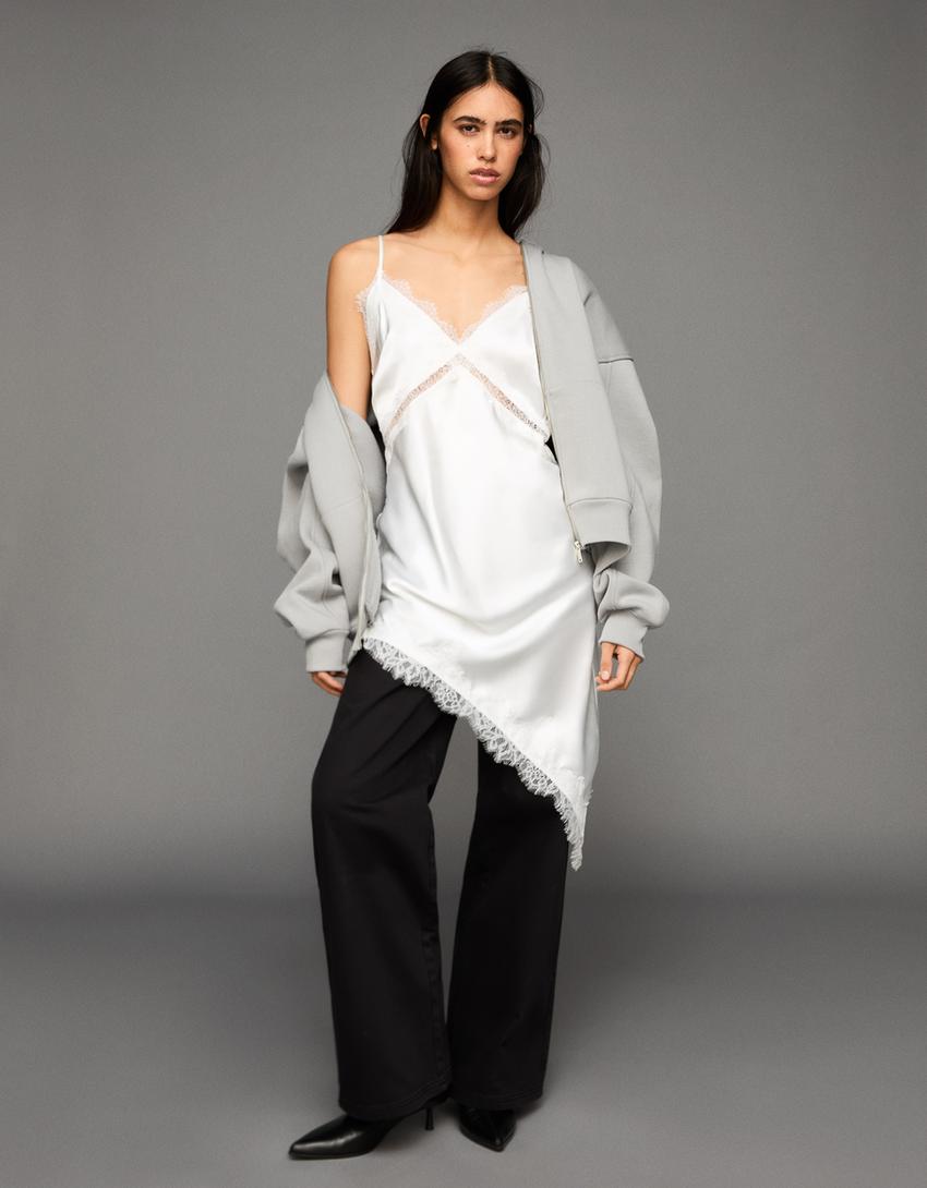 Vestido alças cetim renda assimétrico-Cru