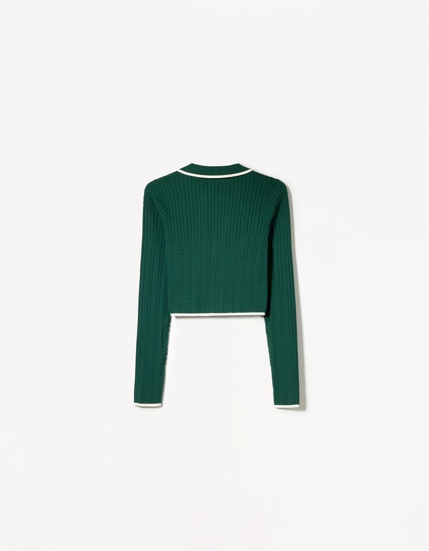 Pull col polo tressé-Vert-4