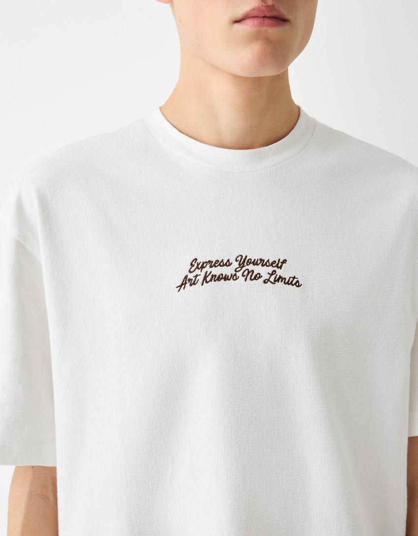 T-shirt manches courtes texturé broderie-Blanc-5