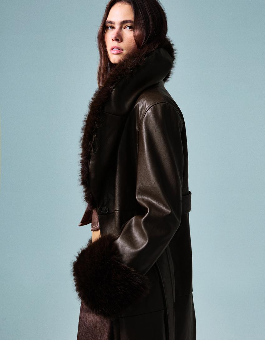 Contrast leather effect coat with faux fur-Brown