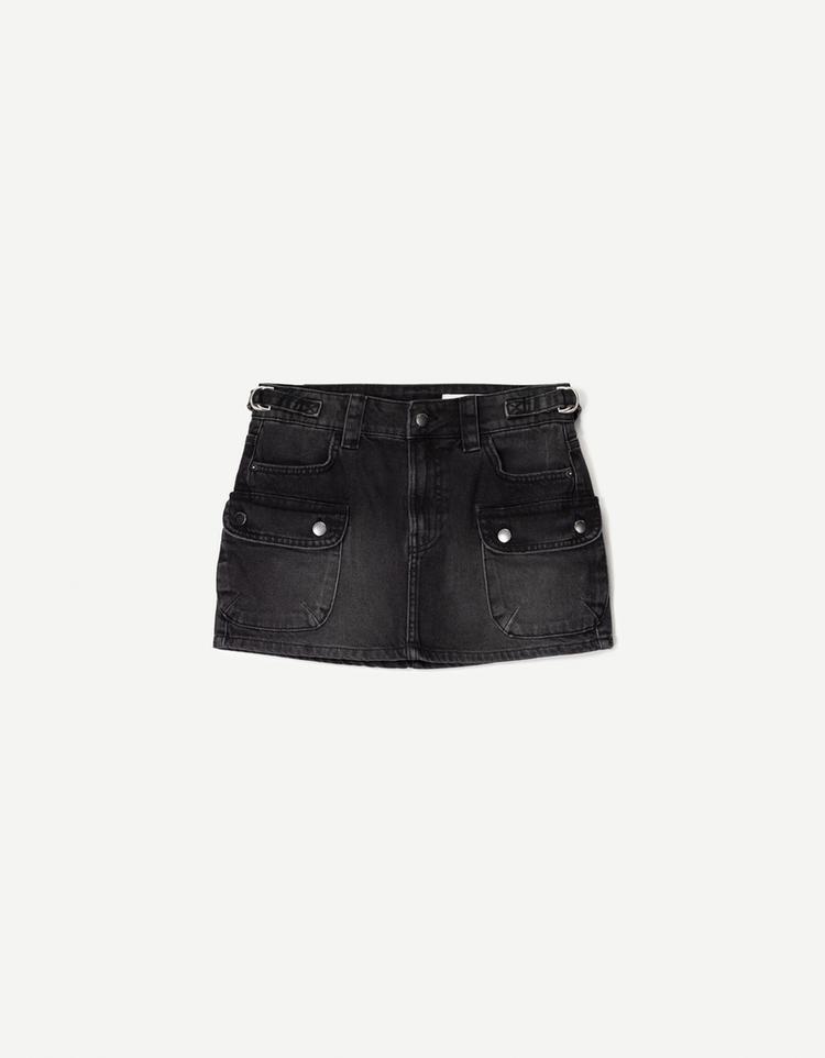Denim cargo skirt with straps