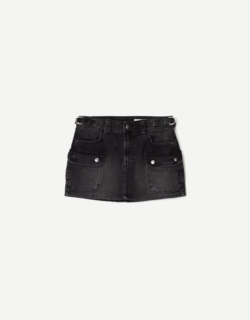 Denim cargo skirt with straps-Black-3