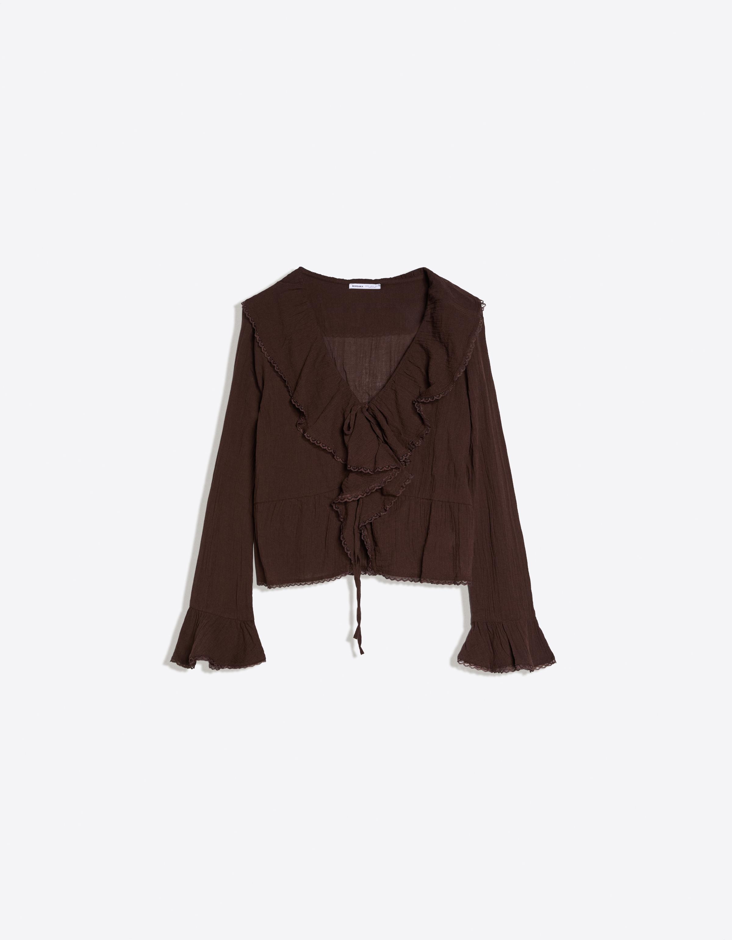 Bershka Rüschenbluse Mit Langen Ärmeln Im Landhausstil Damen L Braun