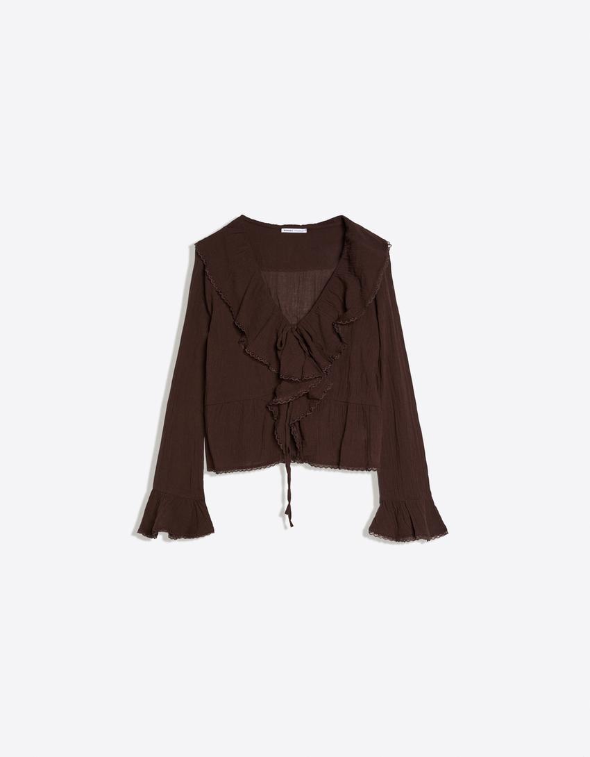Blusa manga larga rústica volantes-Marrón