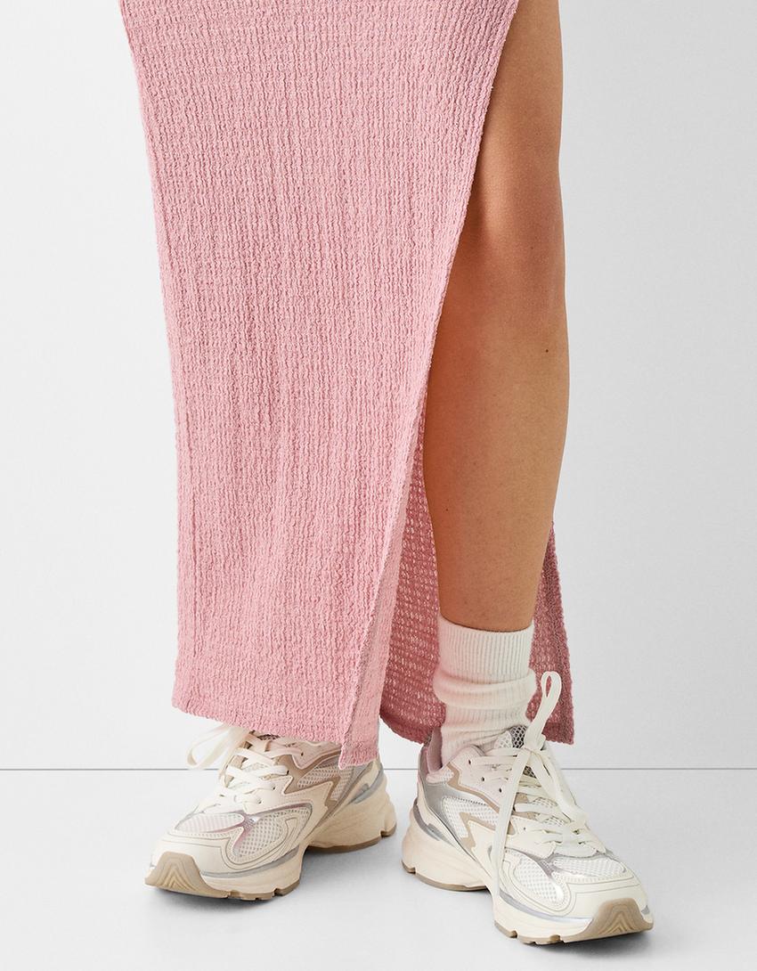 Waffle-knit midi skirt-Pink-3