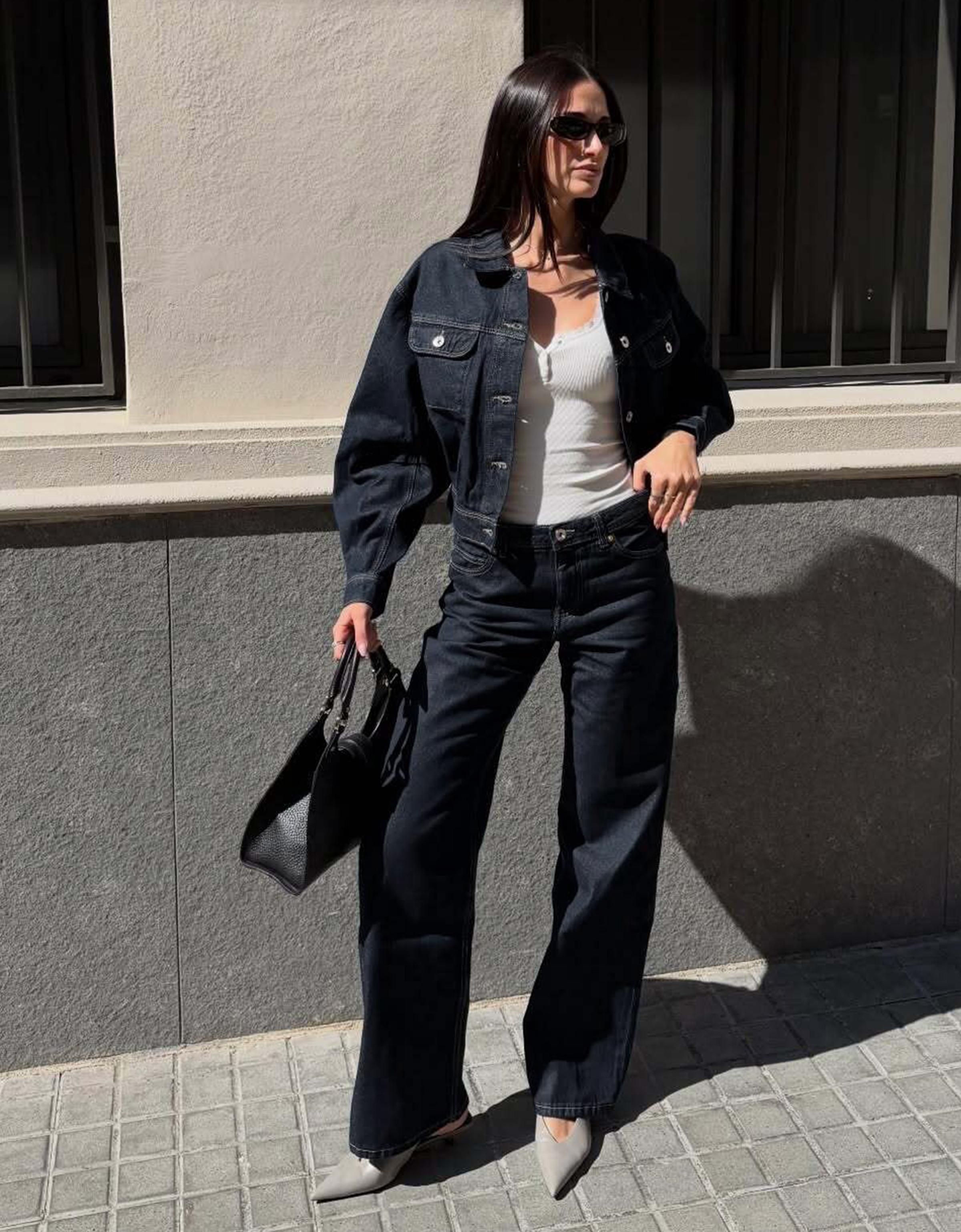 Cropped balloon denim jacket — Navy
