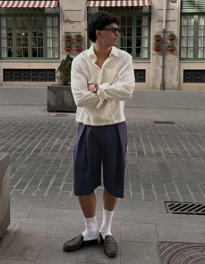 Oversize long sleeve crossover shirt-Off white