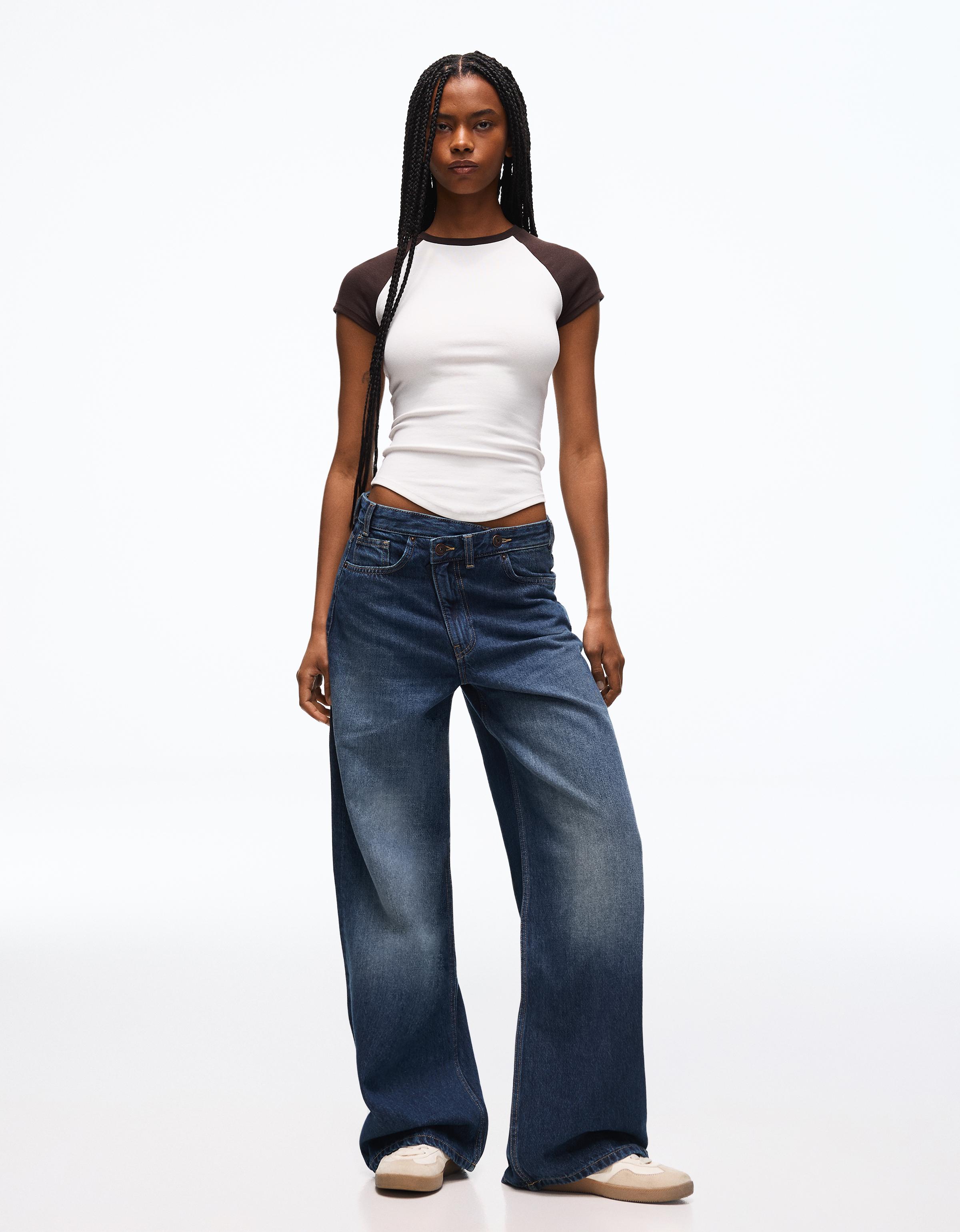 Wide-leg cross-waist jeans — Blue