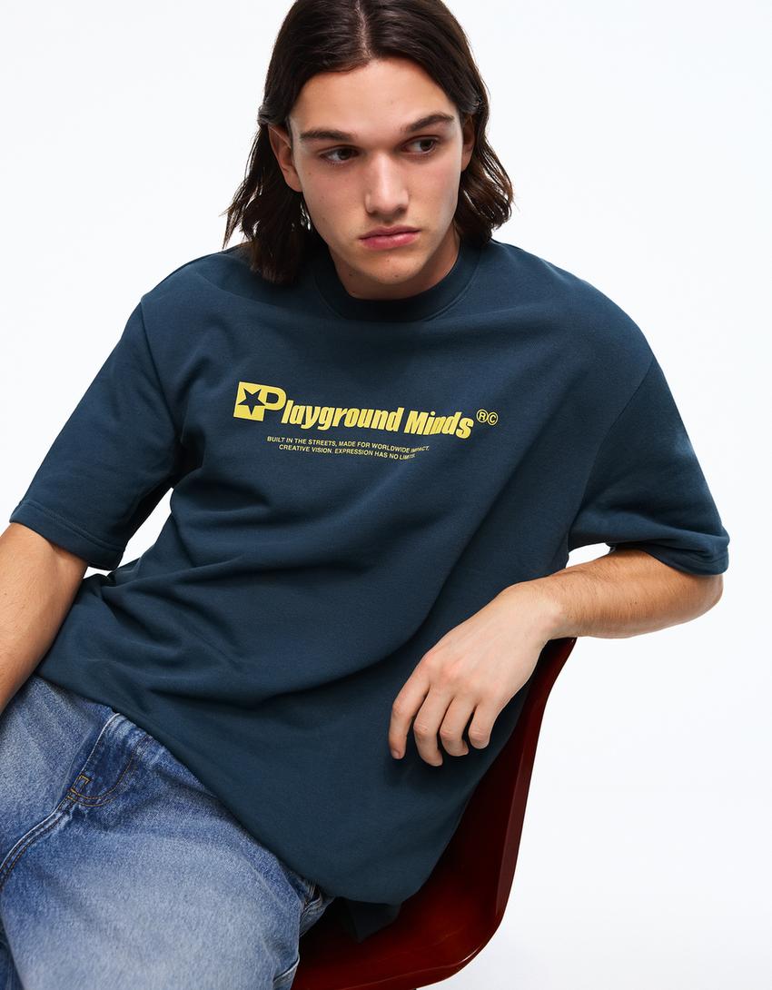 Camiseta manga corta felpa print-Azul