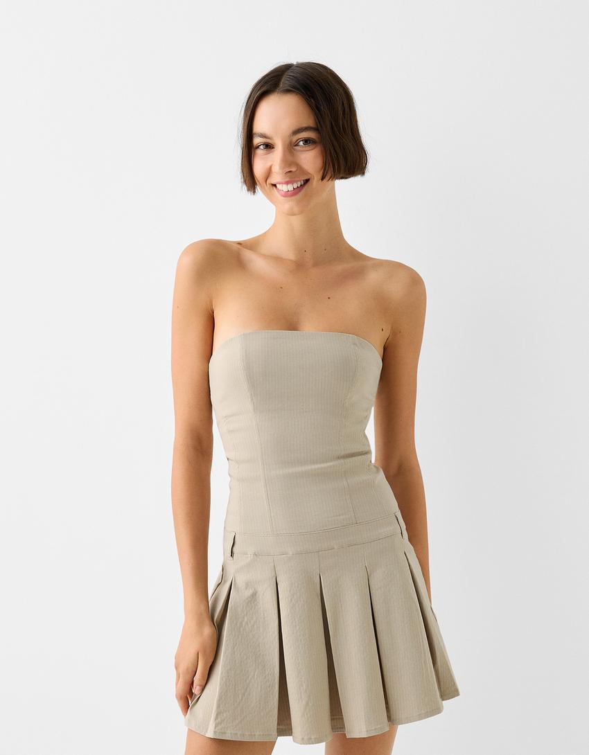 Short striped stretch box pleat dress-Sand