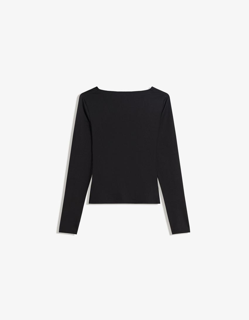 T-shirt met plooi en lange mouw-Zwart