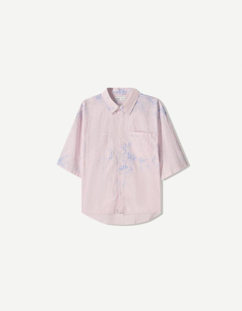 Striped oversize bleached shirt with short sleeves-Pink-0