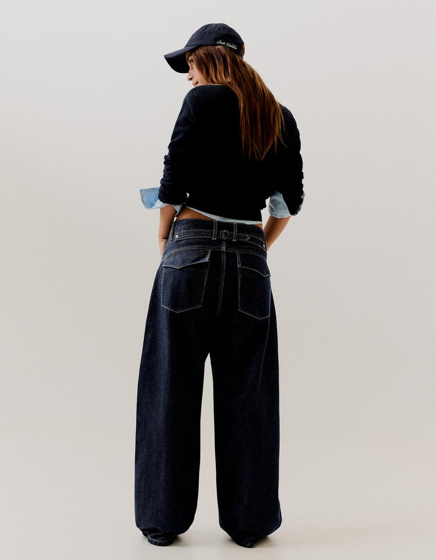 Jeans barrel fit con fibbia posteriore-Marino