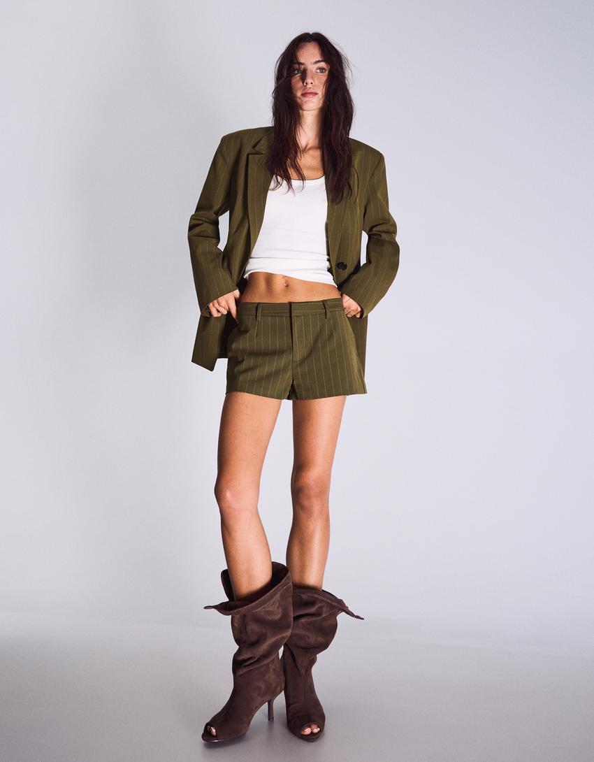 Striped double-breasted blazer-Khaki