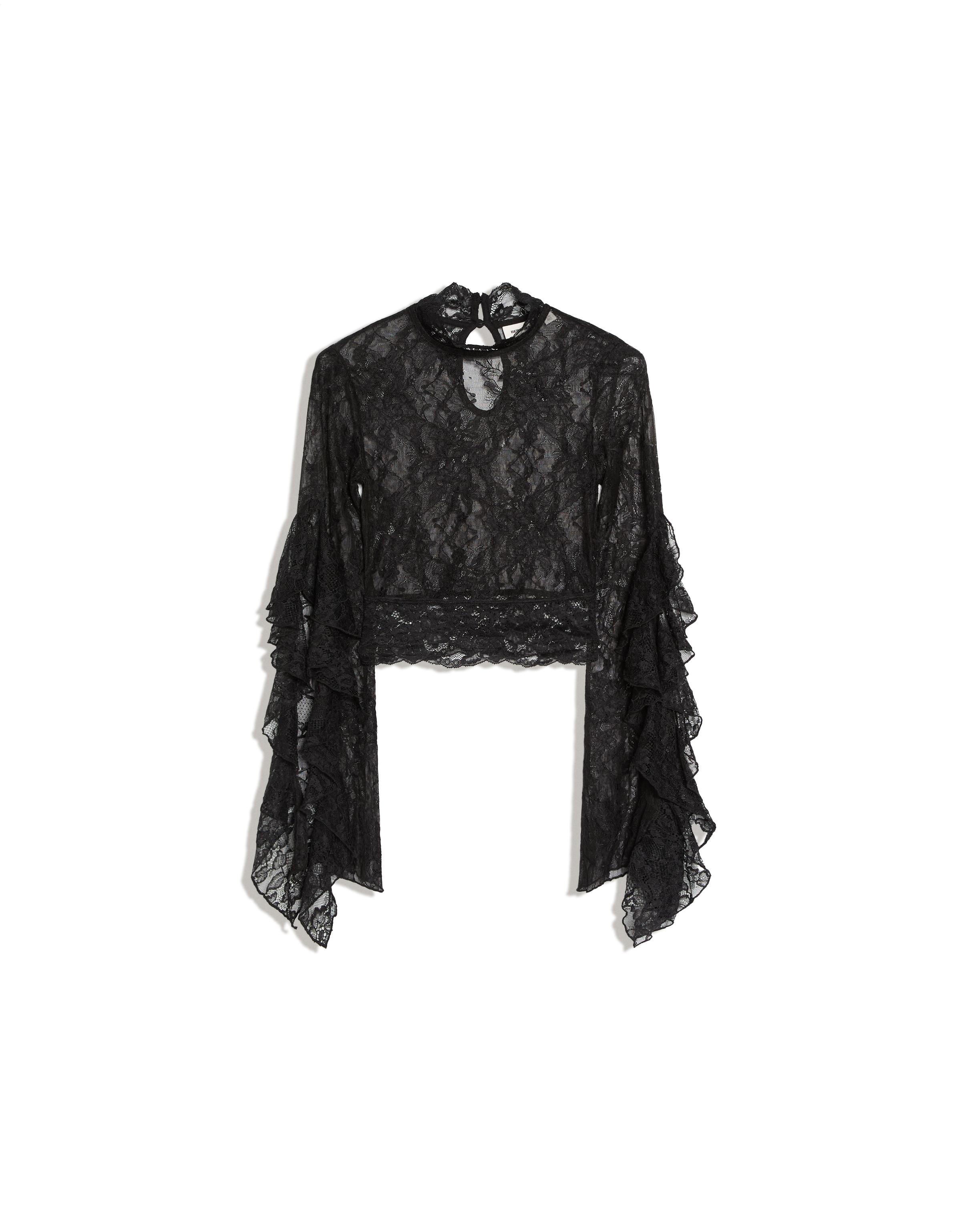 High-neck lace T-shirt with frill sleeves — Black