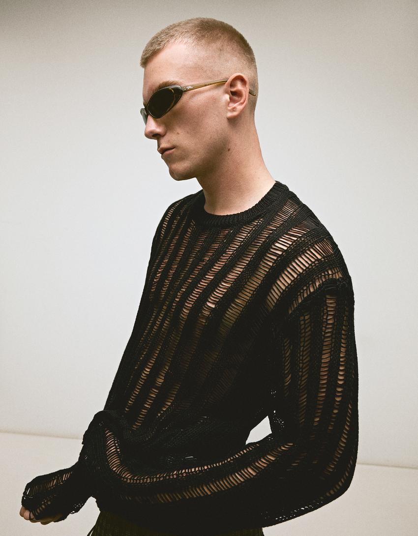 Pull en maille ajourée-Noir