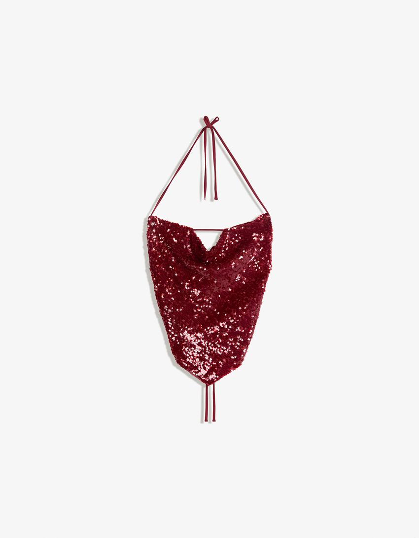 Draped sequin halter top-Red