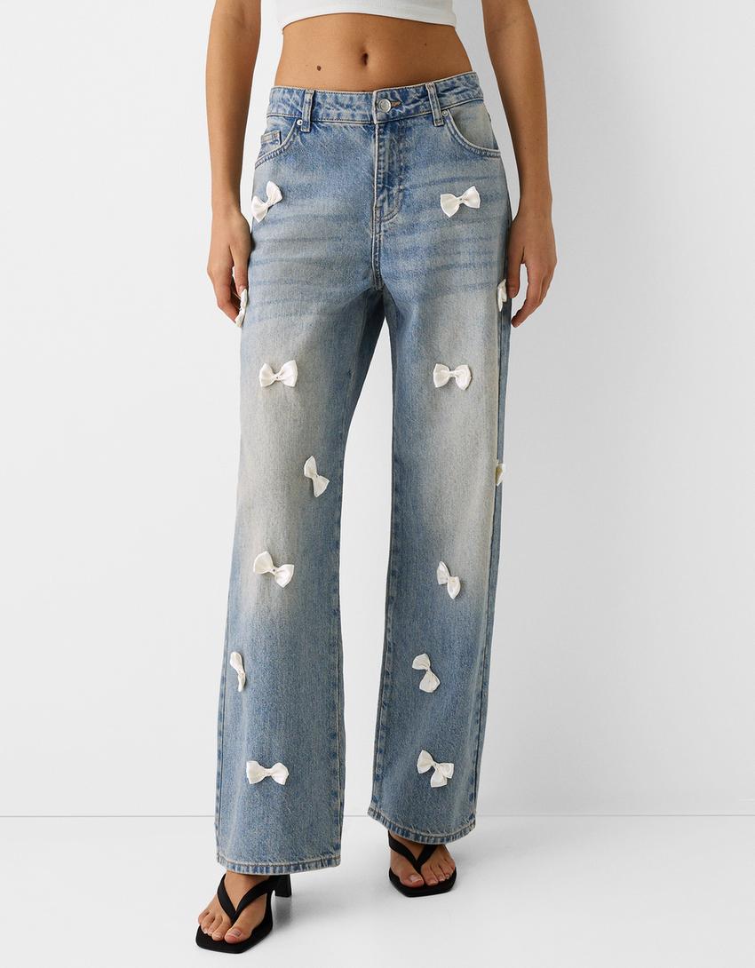 Baggy jeans with bows-Light blue-1