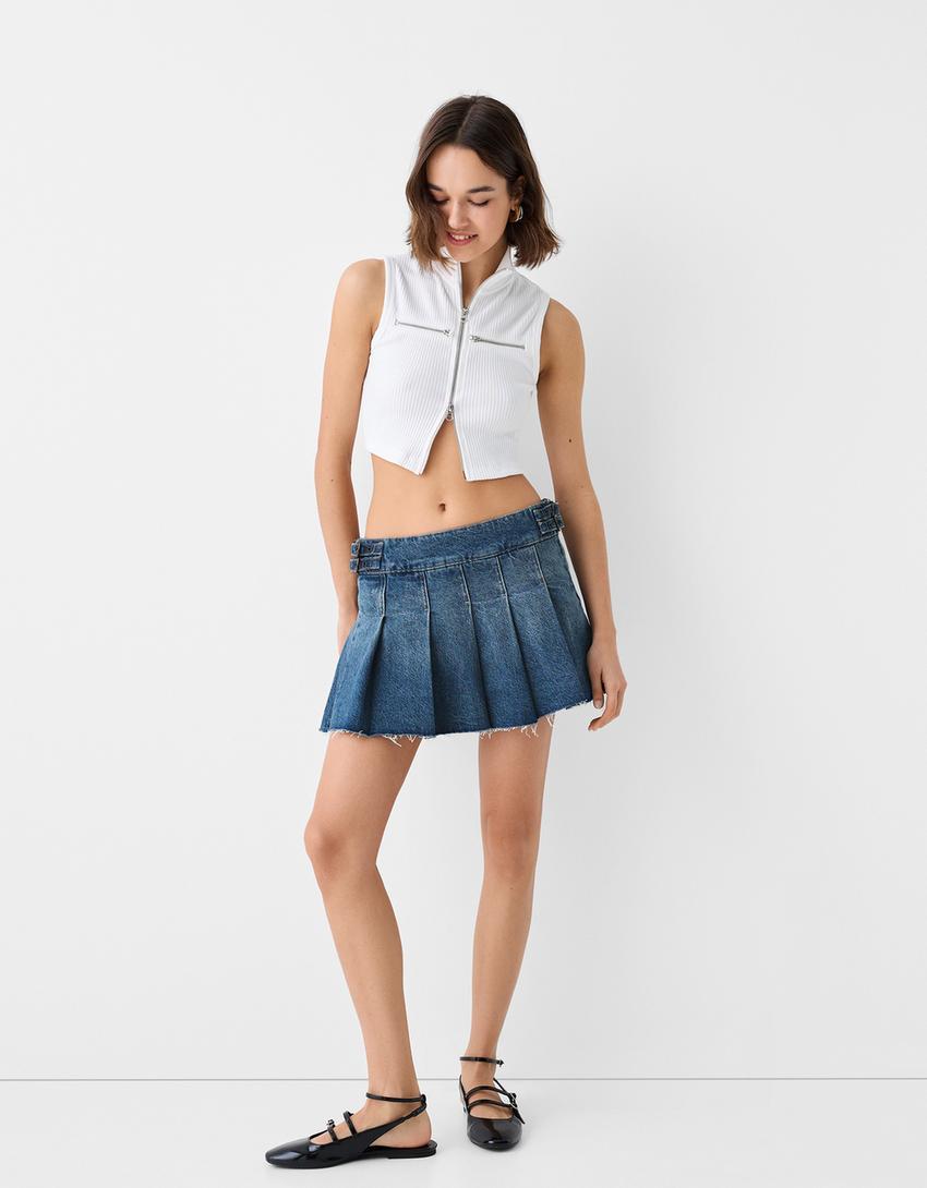 Box pleat denim mini skort-Washed out blue
