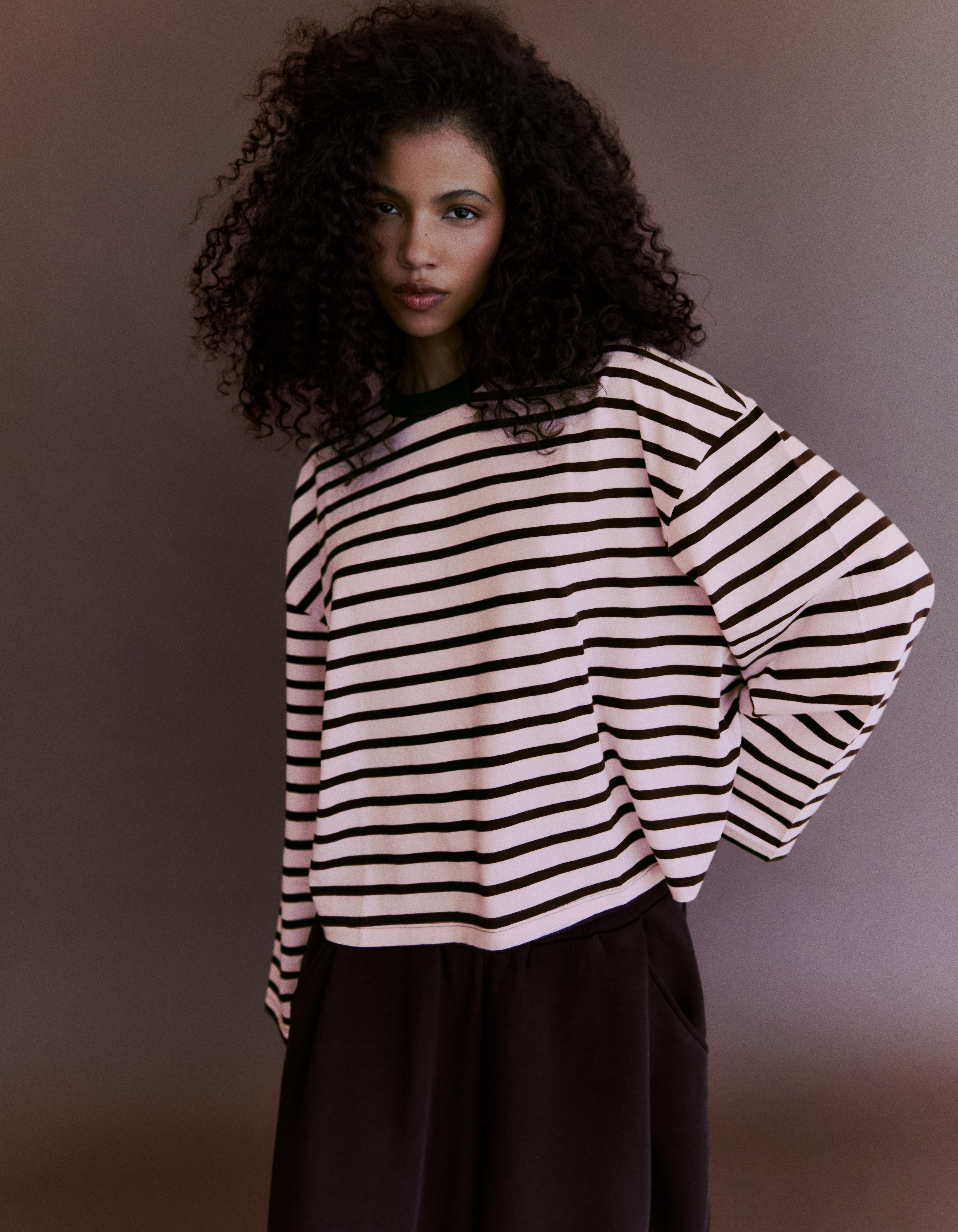 Striped boxy long sleeve T-shirt — Pink