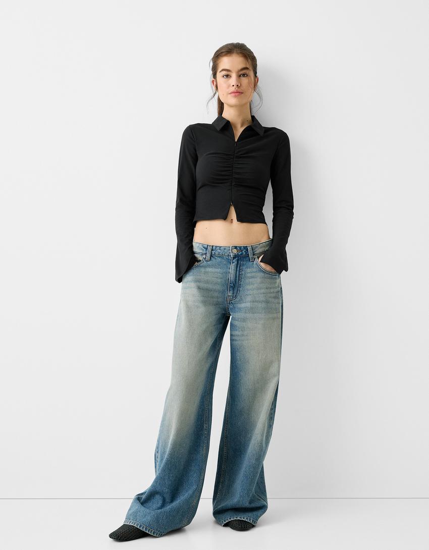 قميص مريح بأكمام طويلة وسحّاب-أسود-3