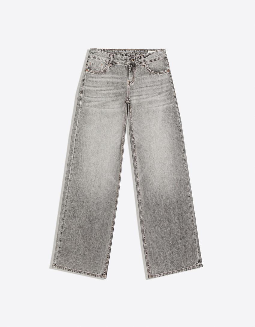 Jeansy wide leg z niskim stanem-Szary