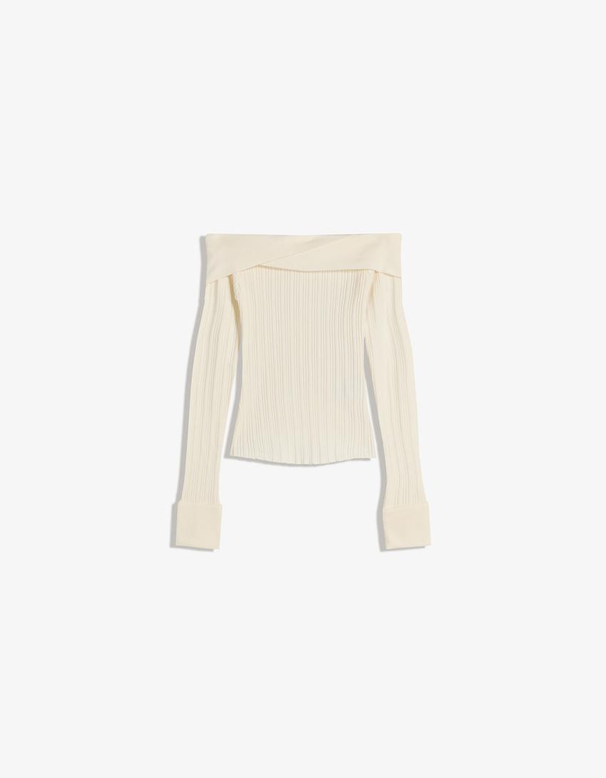 Texture sweater with Bardot neckline-Cream