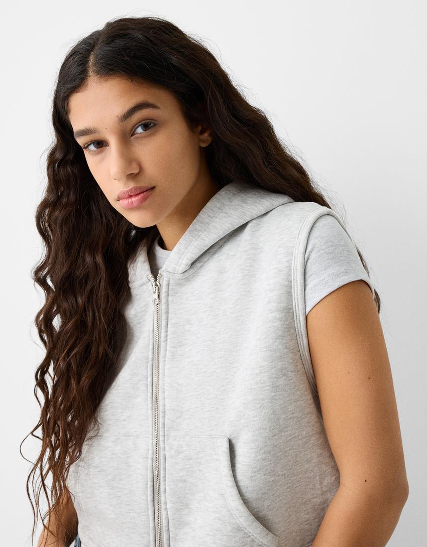 Plush zipped gilet with hood-Grey-5