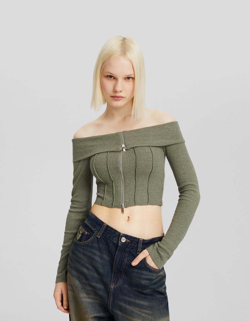 Fermuarlı düşük omuzlu triko hırka-Haki-1