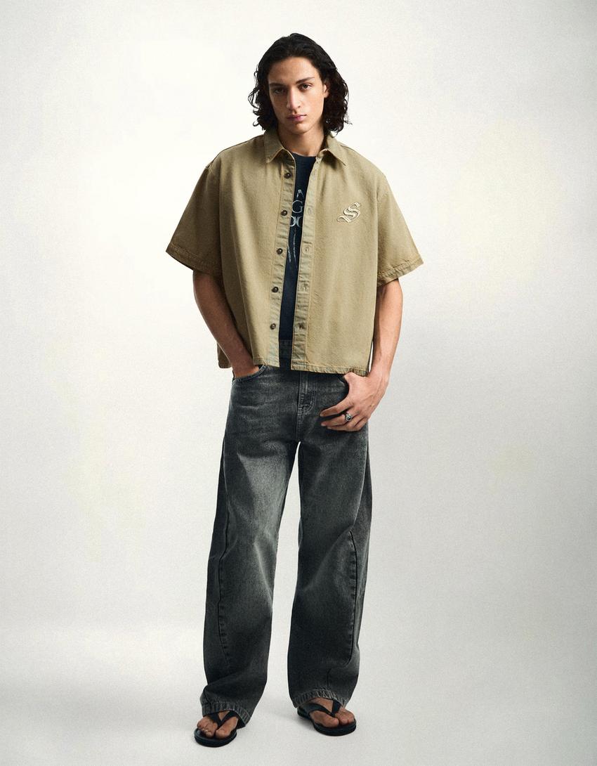 Camisa manga corta boxy relieve-Kaki