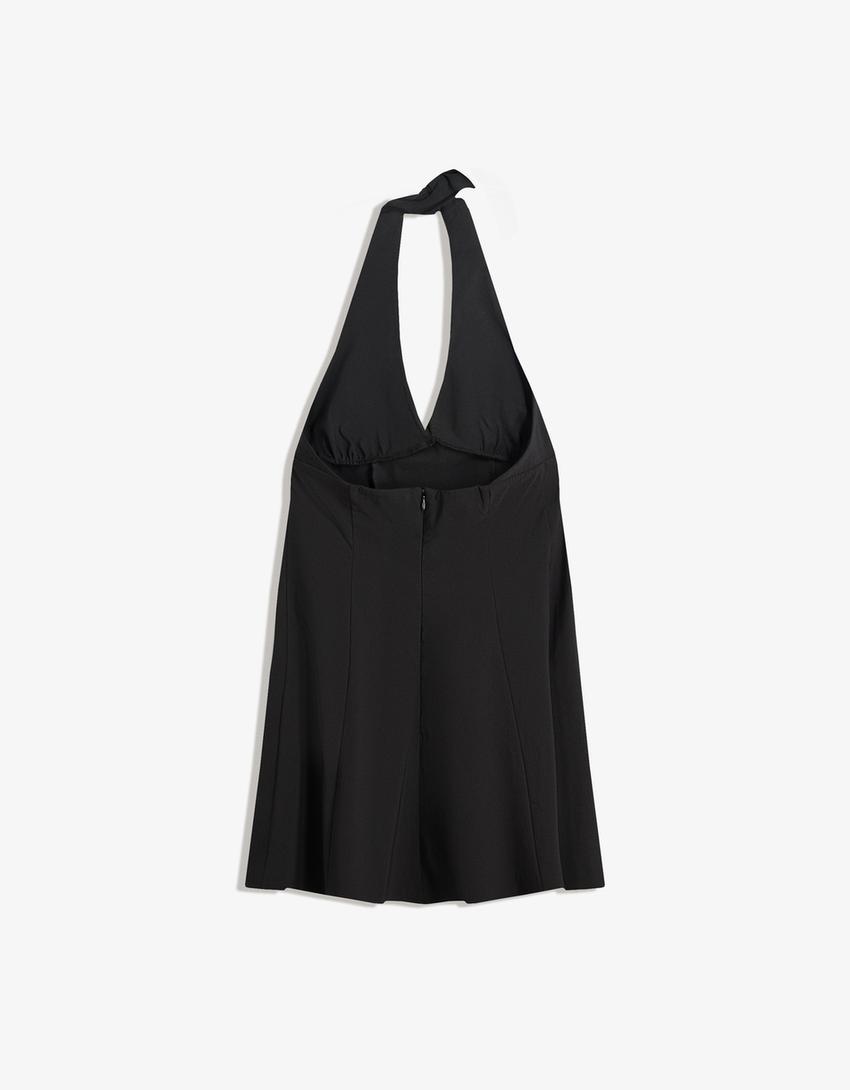 Bengaline halter mini dress-Black-4