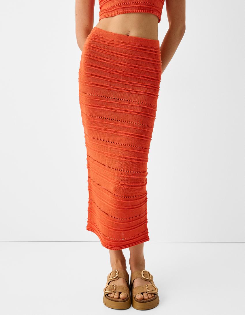 Jupe midi rustique ajours-Corail-1