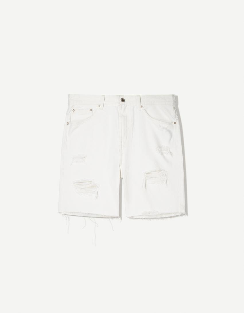 Ripped denim Bermuda shorts-White