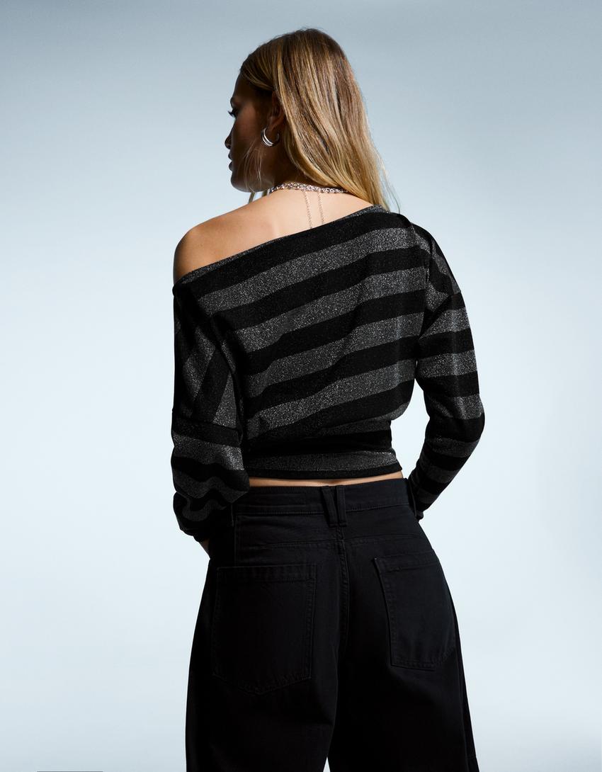 Shimmery asymmetric long sleeve stripe T-shirt-Grey