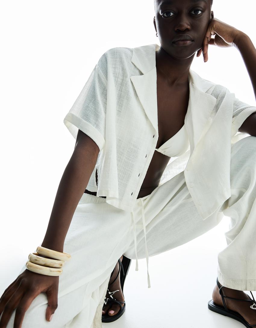 Textured rustic short sleeve shirt-White-1