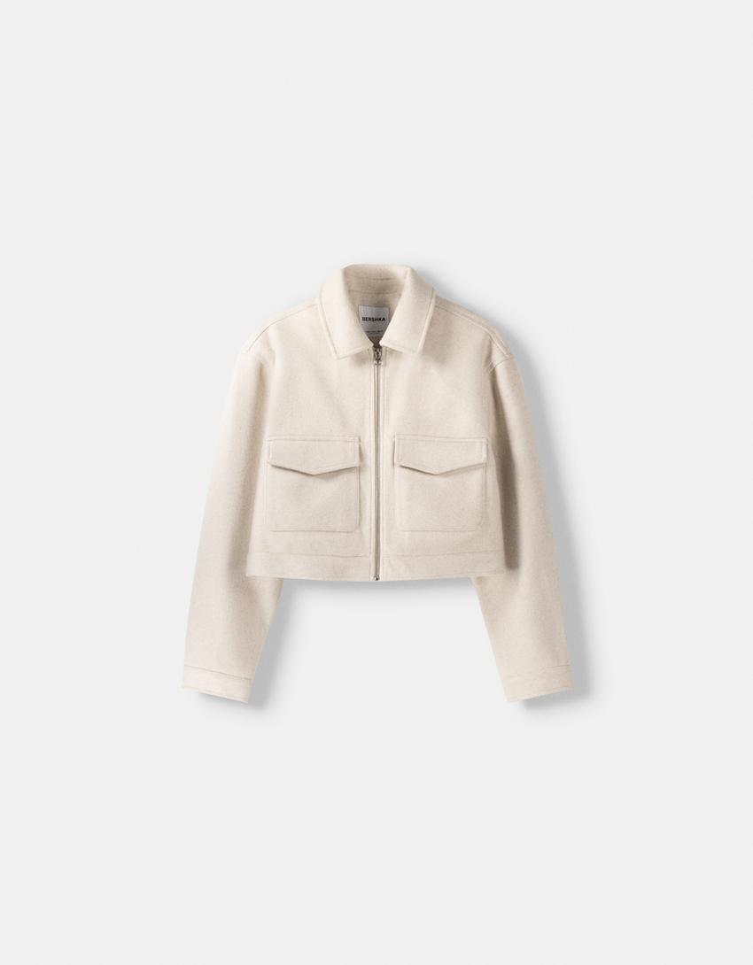 Yumuşak crop ceket-Krem