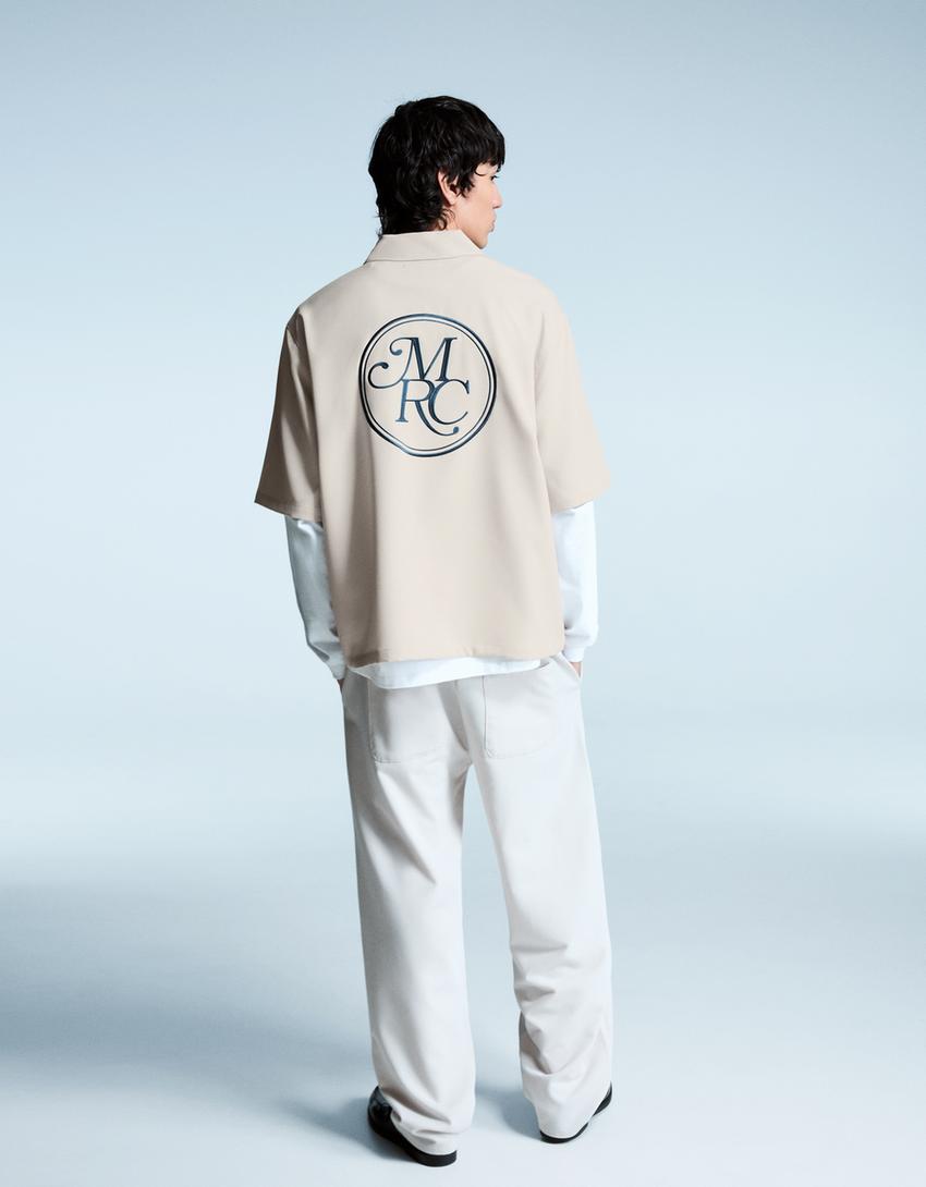 Tailored boxy fit shirt with embroidery-Cream