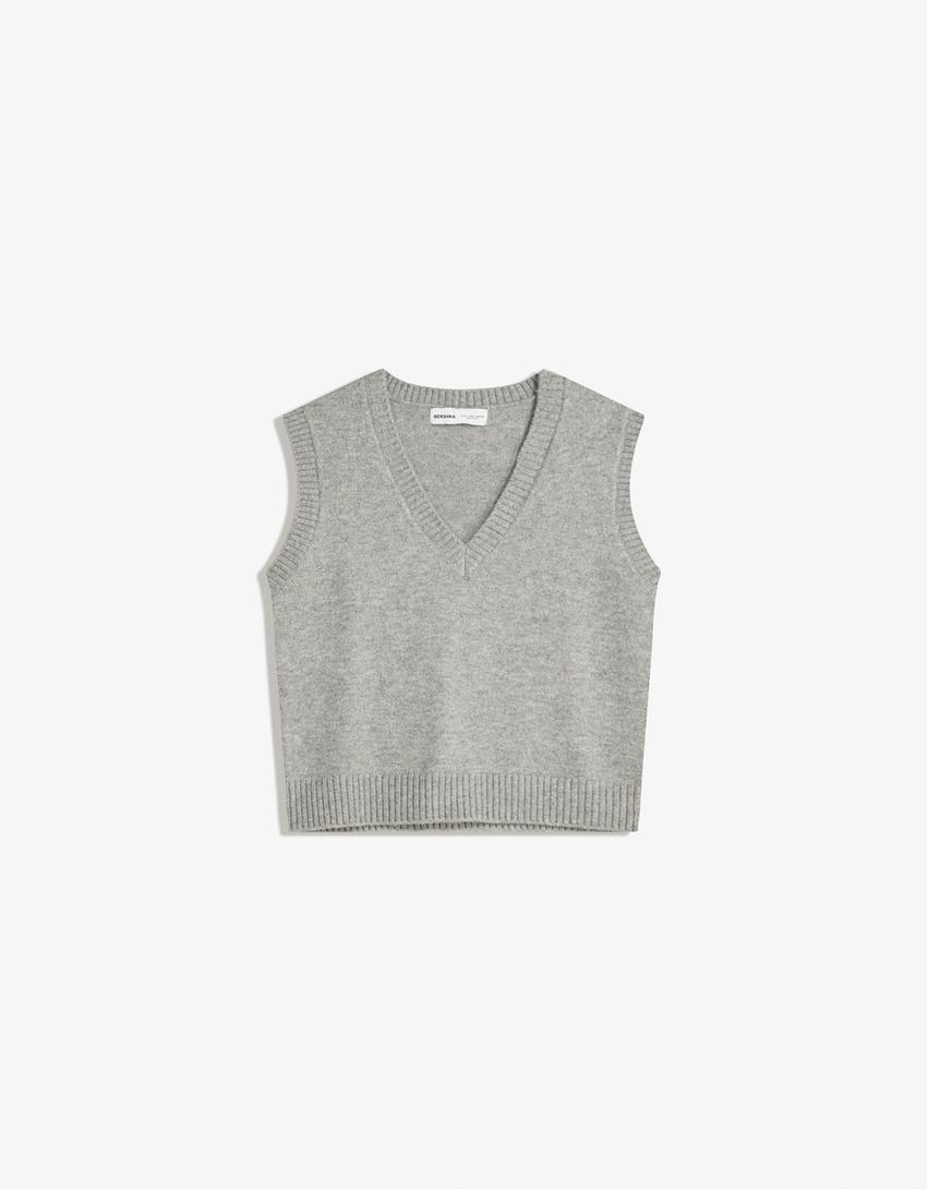 Gilet col en V toucher doux-Gris-3