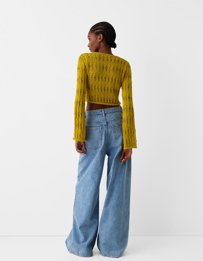 سويتر ريفي بفتحة صدر شكل V وزمة أمامية-أخضر-1