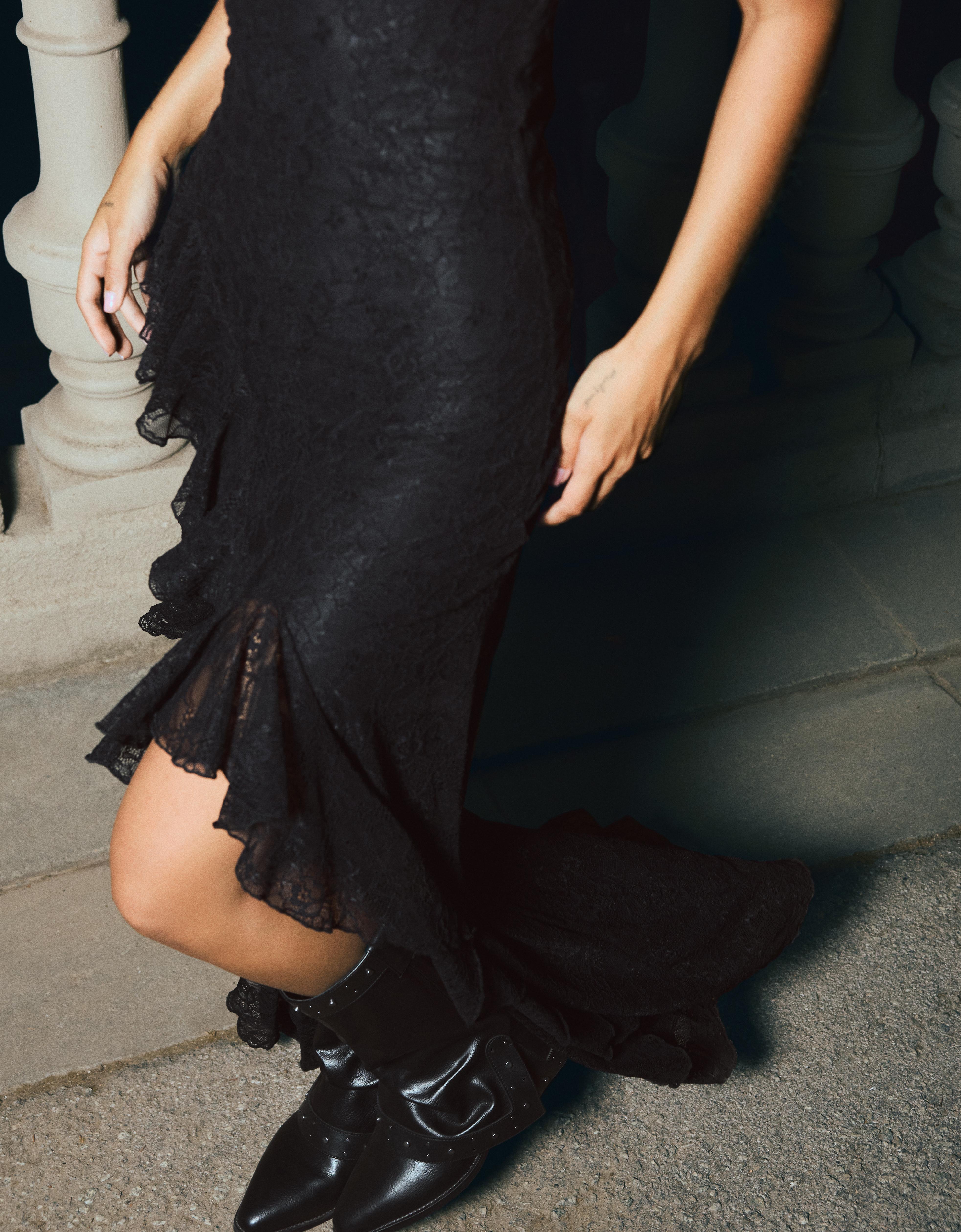 Lace halter midi dress — Black