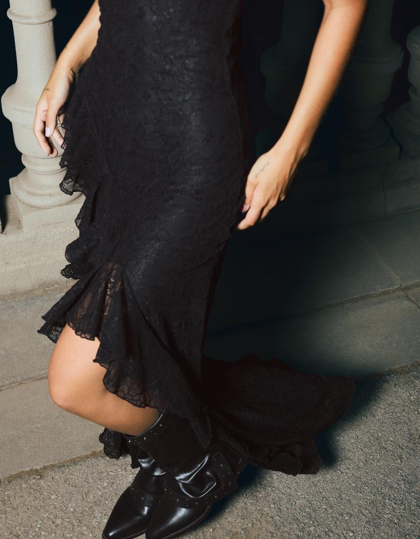 Lace halter midi dress-Black