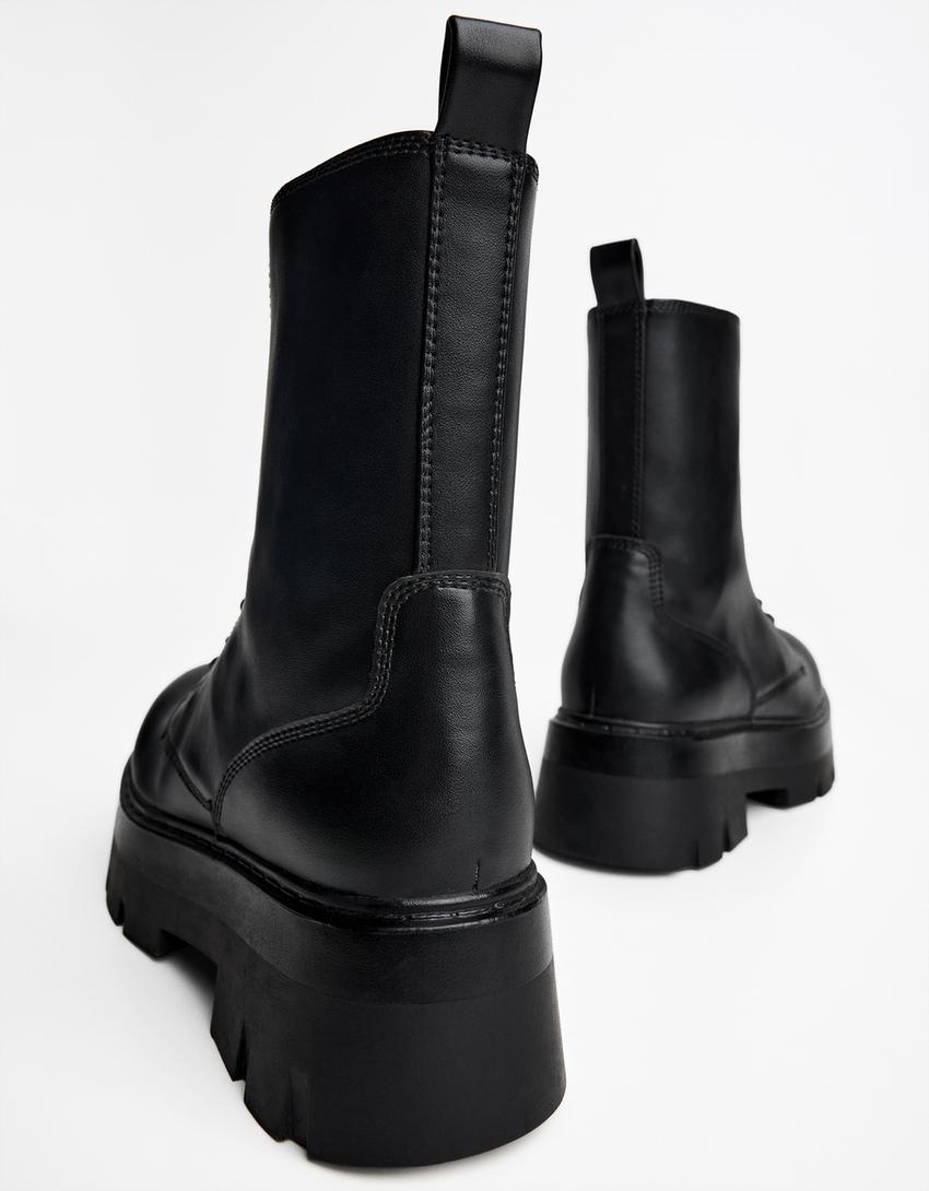 Lace-up track sole ankle boots-BLACK-1
