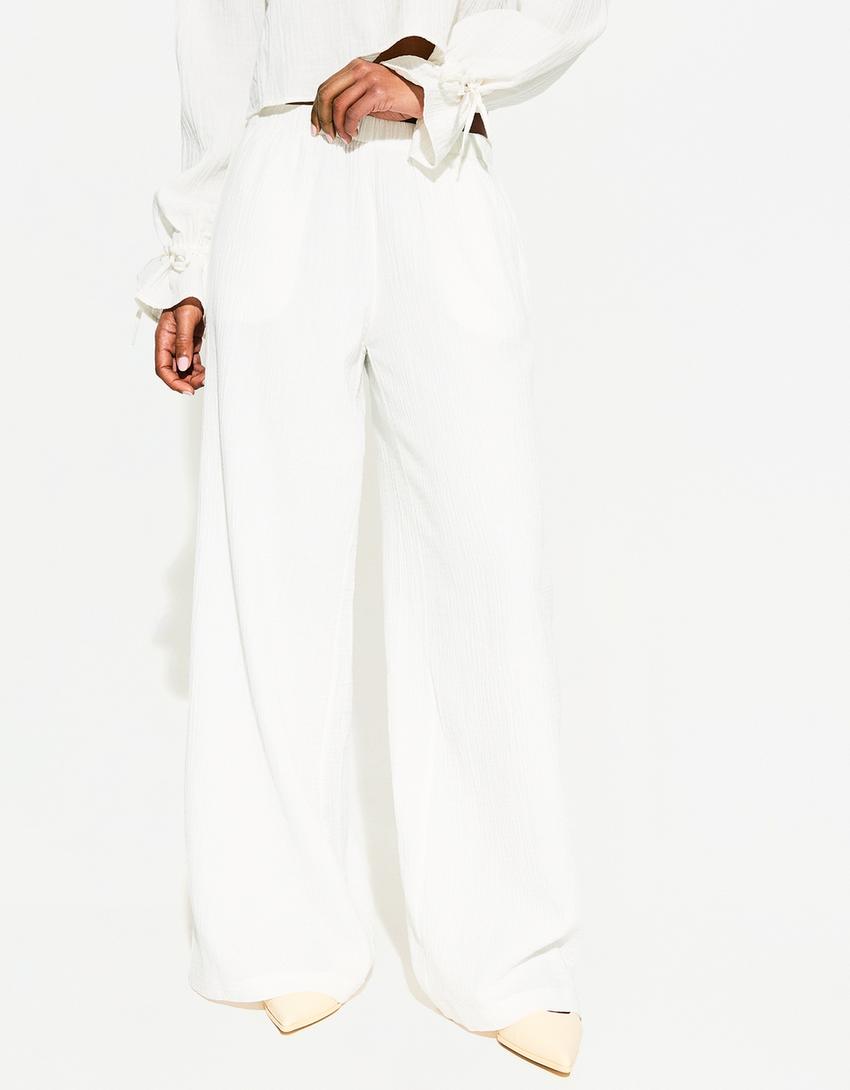 Pantalon wide leg rustique double cloth-Blanc