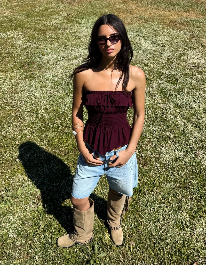 Textured bandeau top with ruffle-Violet