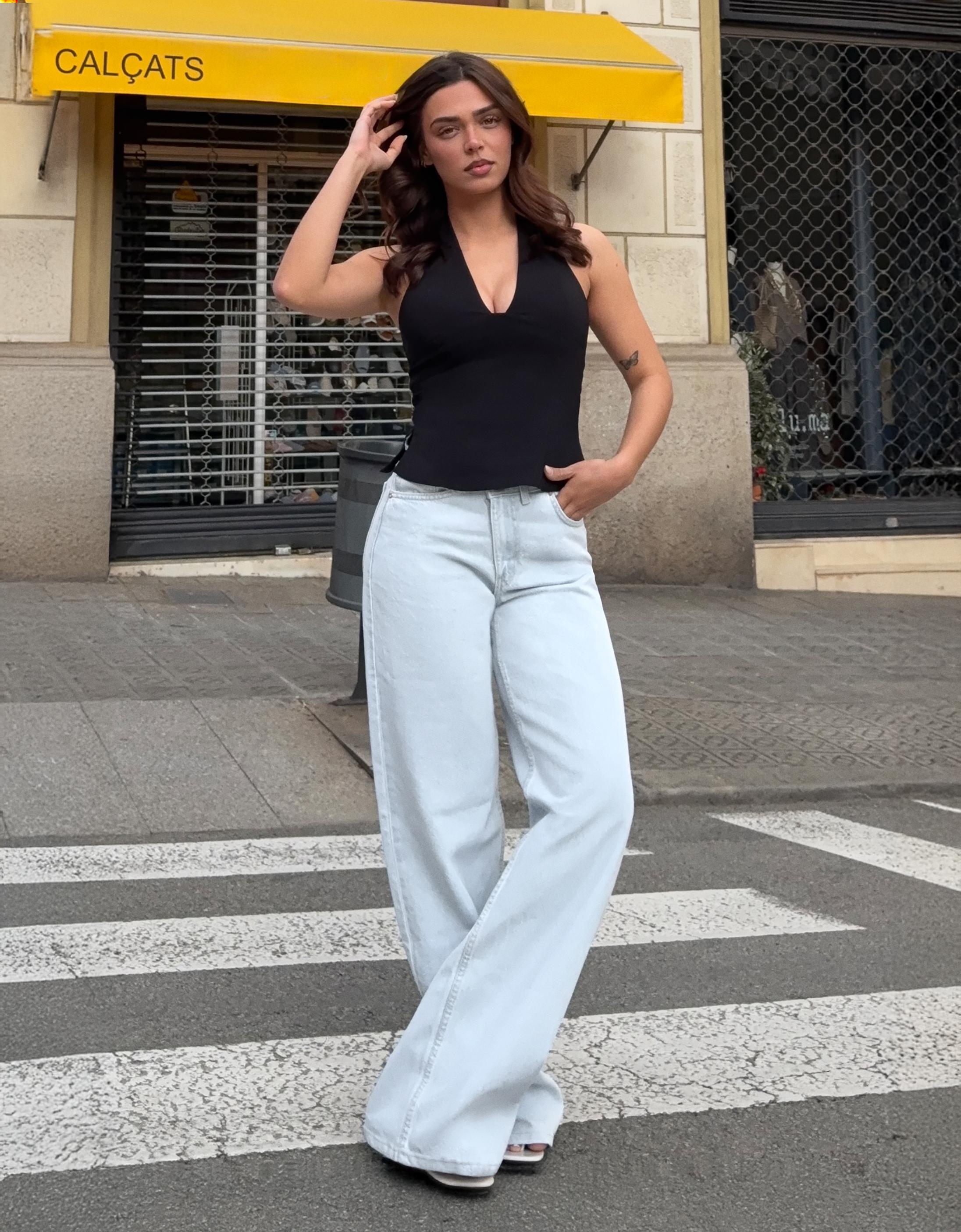 Wide leg jeans with crossover waist — Light blue