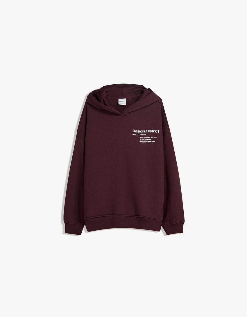 Hoodie med tryck-Vinröd-0